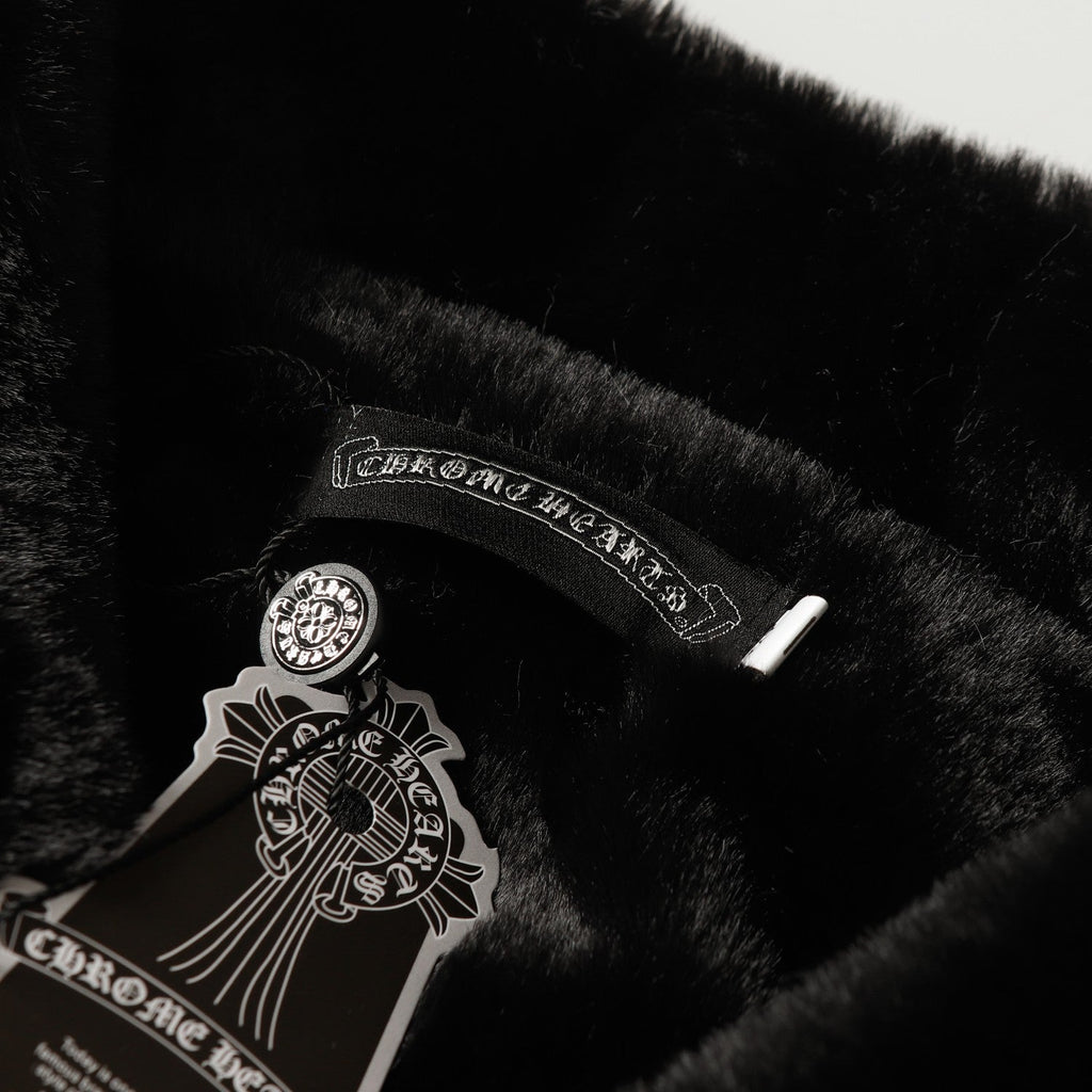 Chrome-Hearts Faux Fur Cross Varsity Jacket - Black White Gothic Streetwear 035