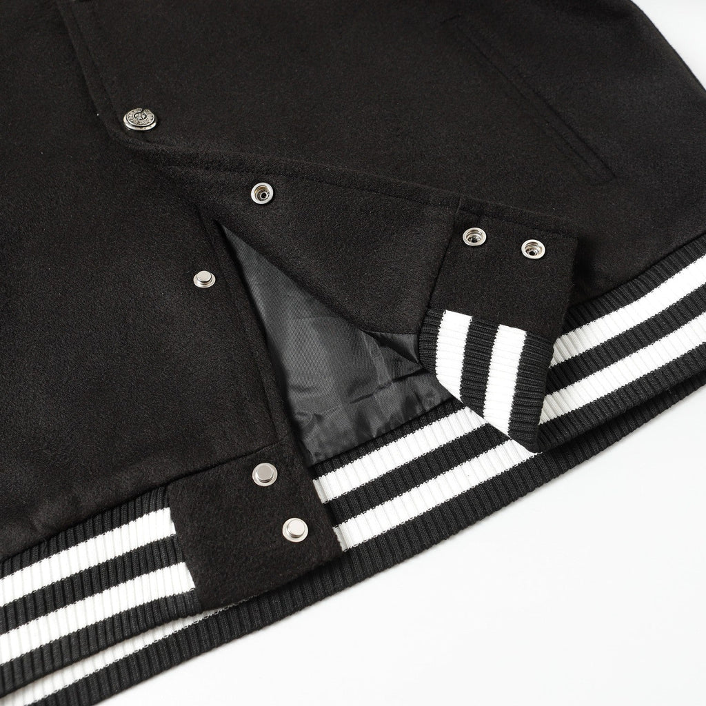 Chrome-Hearts Cross Embroidered Leather Sleeve Varsity Jacket - Black Street Style 116