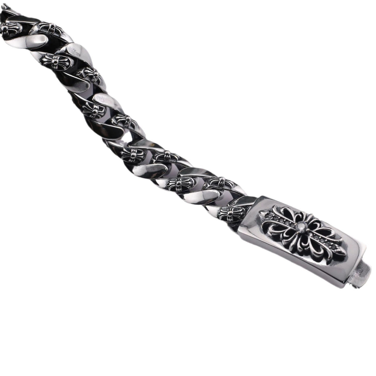 chrome hearts 925 Sterling silver Floral Cross Diamond ID Bracelet