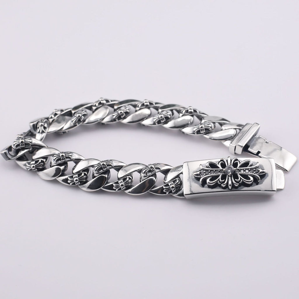 chrome hearts 925 Sterling silver Floral Cross Diamond ID Bracelet
