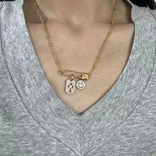 Chrome Hearts Gold Tag Full Diamond Smiley Face Diamond-Inlaid Pin Necklace