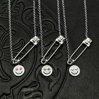 Chrome Hearts silver full diamond smiley face brooch necklace
