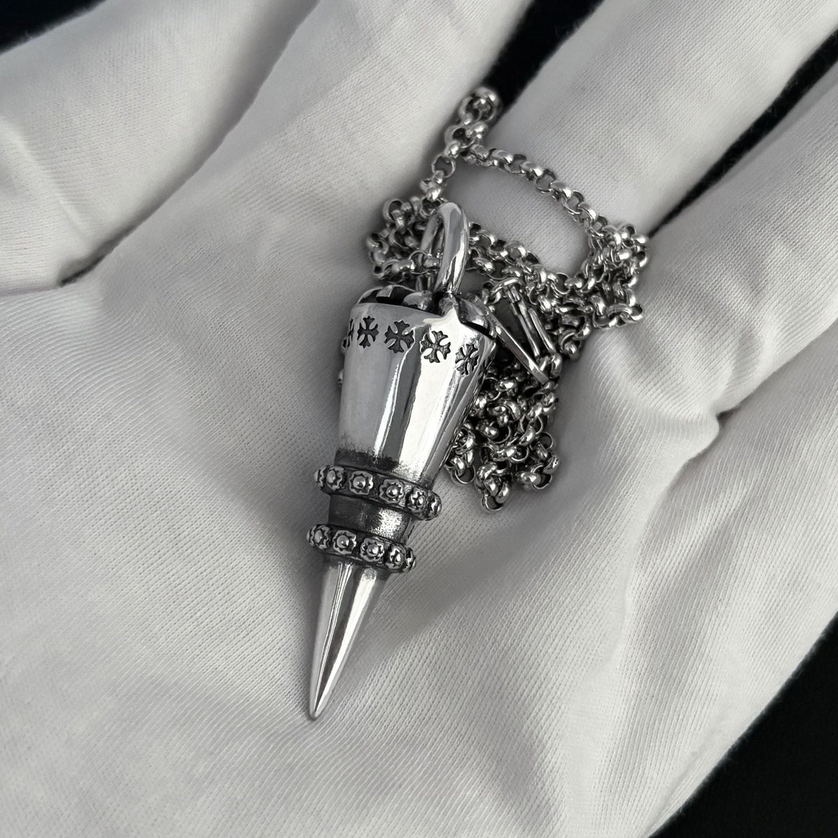 Chrome Hearts distressed cross rivet bullet pendant