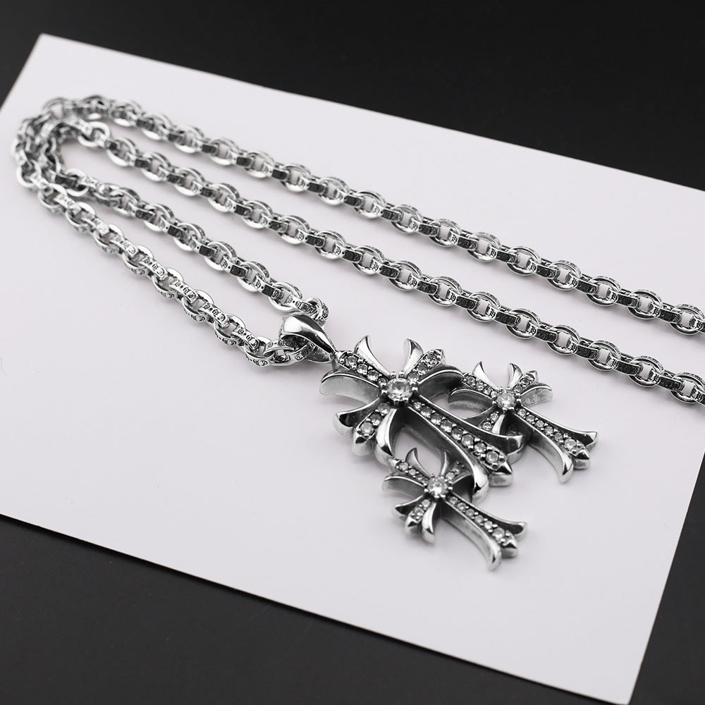 Chrome Hearts vintage diamond-studded three-cross bold letter chain
