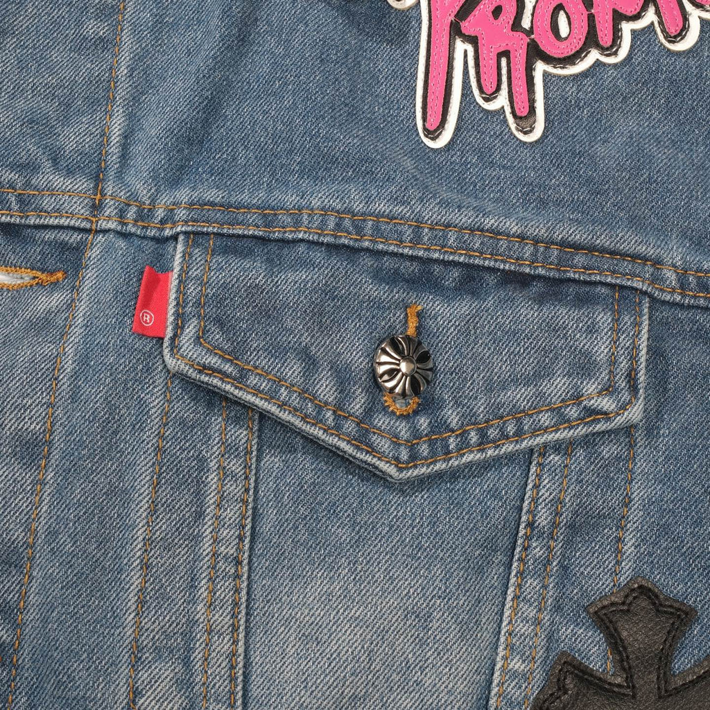 Chrome-Hearts Patchwork Denim Jacket - Vintage Blue Gothic Street Jacket 0789